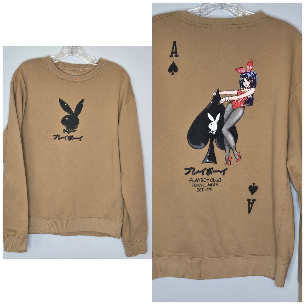 Playboy Club Tokyo‎ Japan Mens Sweatshirt Anime Card Ace of Spades Brown Tan
